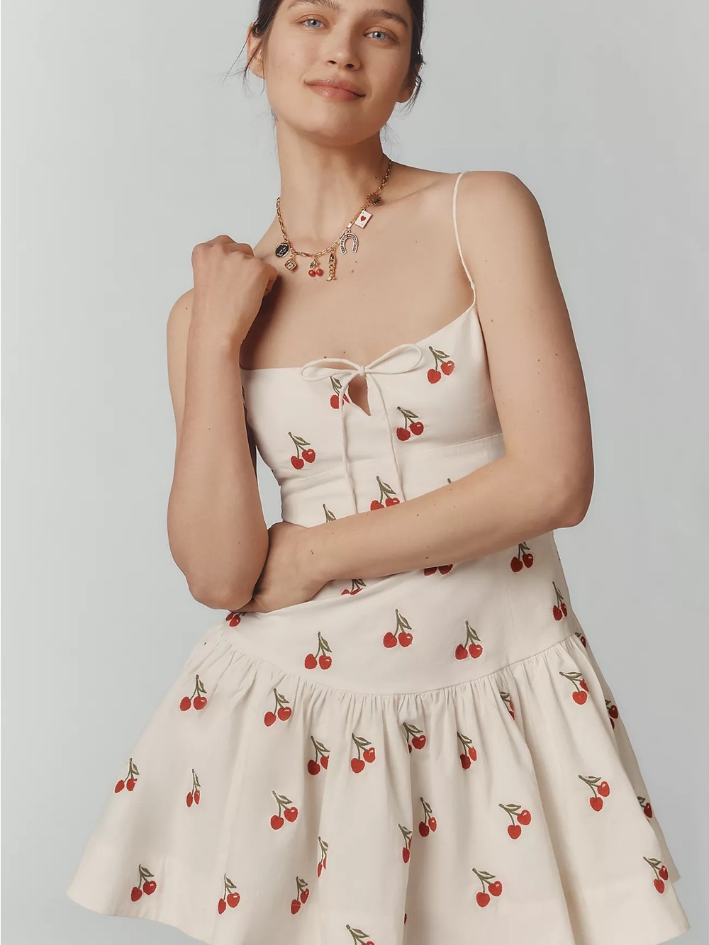 Anthropologie Maeve Cherry Print Sweetheart Drop Waist Mini Dress S